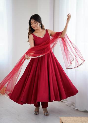 PURE ROMANSILK CHANDERI FABRIC FULLY FLAIR ANARKALI,WITH DUPPTA SET,PENT READY TO WEAR