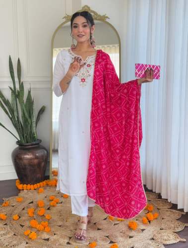 White BSY Viscose Embroidered Straight Kurti Set 