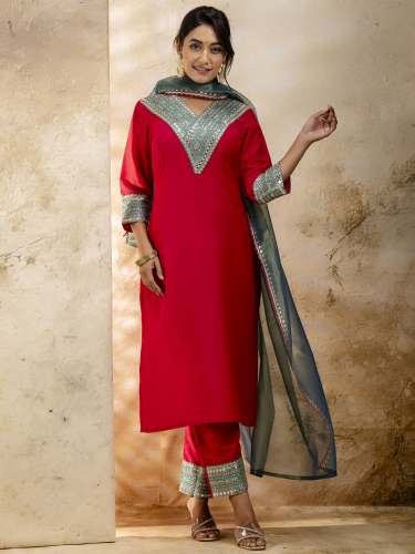 Women's Viscose Rayon Calf Length Straight Kurta Trouser with Dupatta Set