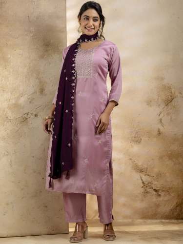 Aarnaviya Women's Embroidered Silk Blend Kurta Pant Sets With Dupatta