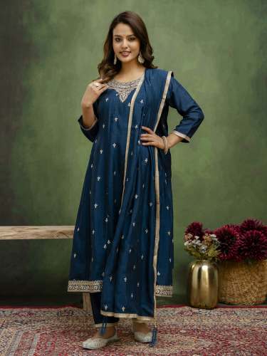 Anarkali Kurta Set in Soft Silk Blend with Embroidered Dupatta Manufacturer