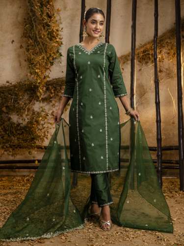 Women's Embroidered Silk Blend Calf Length Straight Kurta Trouser with Dupatta Set 3pc set 
