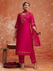Bhagya Pink Floral Yoke Design V-Neck Sequinned Straight Kurta With Trousers & Dupatta