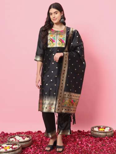 Black Aanira Black Cotton Silk Jacquard Kurta Pant With Banarasi Silk dupatta