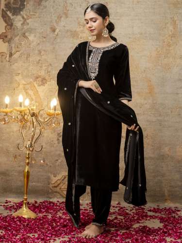 black Women Velvet Kurta Pant Dupatta Set 