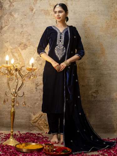 blue Women Velvet Kurta Pant Dupatta Set