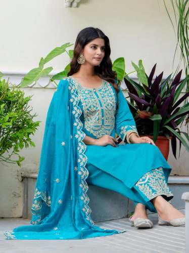 Embroidered Silk Blend Calf Length Straight Kurta Trouser with Dupatta Set manufacturer