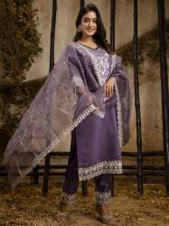 Embroidered Silk Blend Calf Length Straight Kurta Trouser with Dupatta Set manufaturer