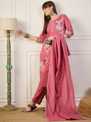 Embroidery Silk Straight Kurta With Trousers & Dupatta Sets