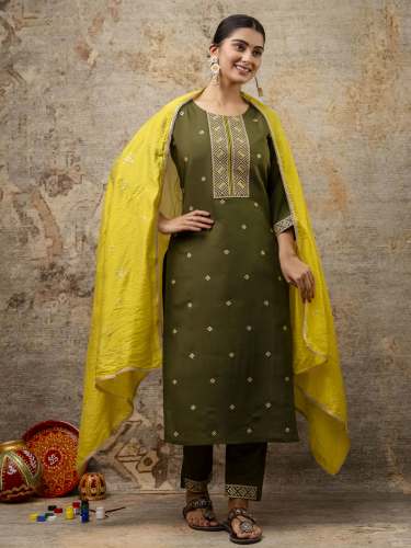  green Kurta and Pant Sets Silk Blend Fabric