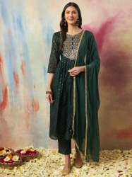 Green Nritya Women Flared Kurta and Trousers Pant Set Cotton Silk Blend