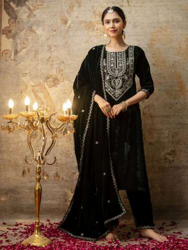 green velvet top bottom duppta set