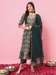 Green Zariya Flared Kurta and Trousers Pant Set Cotton Silk Blend 