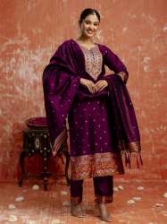 Kahani Women Purple Yoke Design Silk Blend Straight Suit With Dupatta