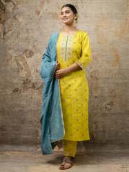 Lemon Women Kurta and Pant Sets Silk Blend Fabric