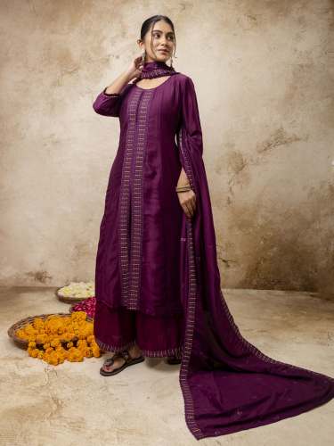 Levender Women's Embroidered Silk Blend Calf Length Flare Kurta with Palazzo & Dupatta  manufaturer