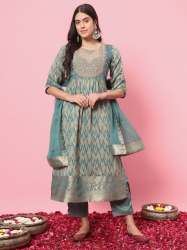 Light blue Zariya Flared Kurta and Trousers Pant Set Cotton Silk Blend