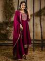 Maroon Women's Embroidered Silk Blend Anarkali Kurta Pant With Dupatta Set