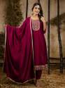Maroon Women's Embroidered Silk Blend Anarkali Kurta Pant With Dupatta Set thumb 1