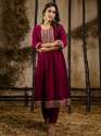 Maroon Women's Embroidered Silk Blend Anarkali Kurta Pant With Dupatta Set thumb 2