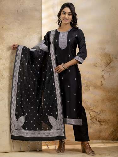 Mehira Women's Embroidered Cotton Blend Kurta Pant Sets with Dupatta