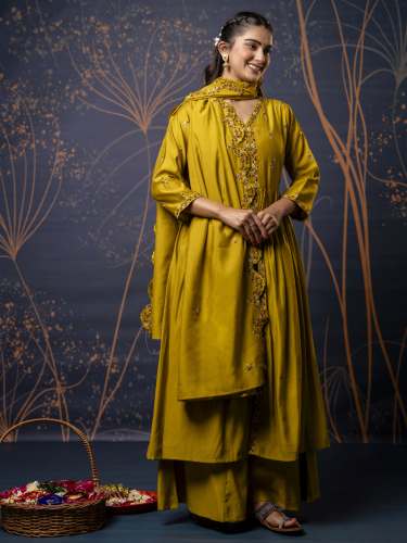  Musted Women's Embroidered Silk Blend Calf Length Flare Kurta with Palazzo & Dupatta Set