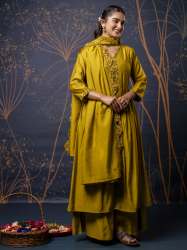  Musted Women's Embroidered Silk Blend Calf Length Flare Kurta with Palazzo & Dupatta Set