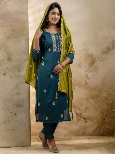 Women's Embroidered Silk Blend Kurta Pant Sets With Dupatta