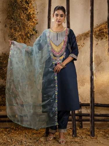 Olivia Women's Embroidered Viscose Rayon Calf Length Straight Kurta Trouser with Dupatta Set
