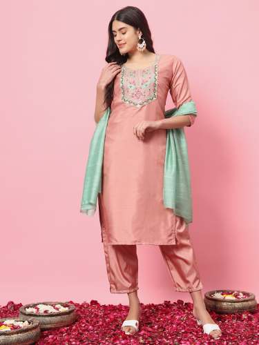 Peach ladies fancy top bottom duppta set