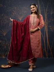 Peach Women Kurta and Pant Sets Silk Blend Fabric