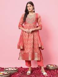 Peach Zariya Flared Kurta and Trousers Pant Set Cotton Silk Blend