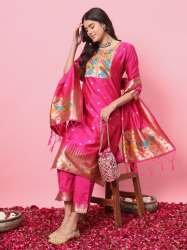 Pink Aanira Maroon Cotton Silk Jacquard Kurta Pant With Banarasi Silk dupatta
