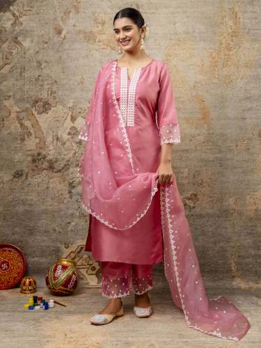 Pink Women Kurta and Pant Sets Silk Blend Fabric