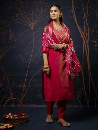 pink Women Kurta and Pant Sets Simar Silk fabric