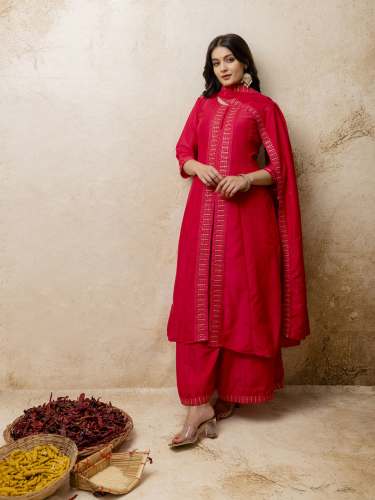 Pink Women's Embroidered Silk Blend Calf Length Flare Kurta with Palazzo & Dupatta Set