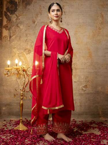 Pink Women's Embroidered Silk Blend Calf Length Straight Kurta with Palazzo & Dupatta Set