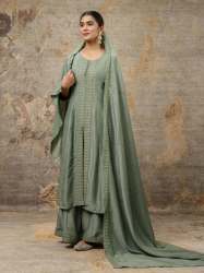 Pista Embroidered Silk Blend Calf Length Flare Kurta with Palazzo & Dupatta Set