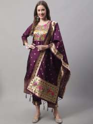 Purple Aanira Maroon Cotton Silk Jacquard Kurta Pant With Banarasi Silk dupatta