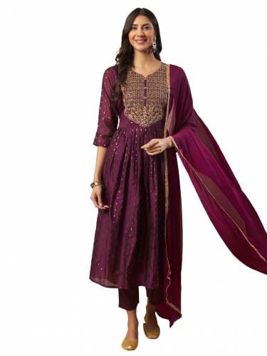 Purple Nritya Women Flared Kurta and Trousers Pant Set Cotton Silk Blend