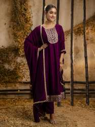 purple  Women's Embroidered Silk Blend Anarkali Kurta Pant With Dupatta Set