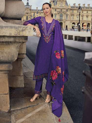 Purple Women Silk Blend Kurta Pant Dupatta Set 