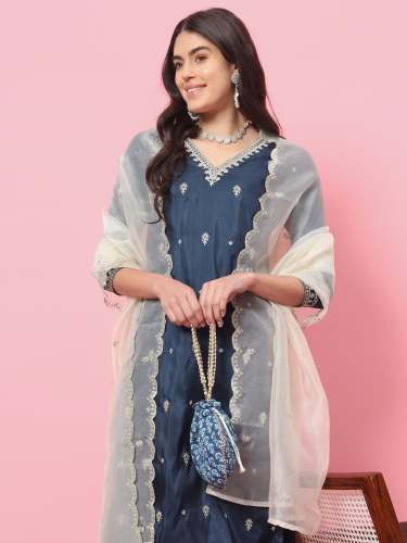 Pushp Silk Blend Kurta and Trouser Set with Organza Dupatta