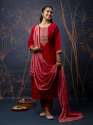 red-women-kurta-and-pant-sets-silk-blend-fabric