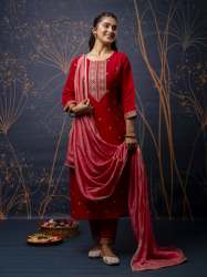 Red  Women Kurta and Pant Sets Silk Blend Fabric