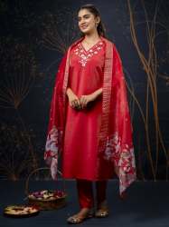 Red Women Kurta and Pant Sets Simar Silk fabric manufaturer fancy dress