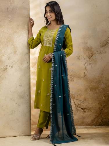 Riddima Women's Embroidered Silk Blend Kurta Pant Sets With Dupatta