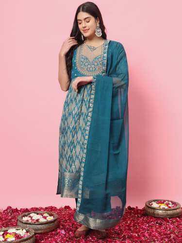 Saiyaara Teal Cotton Silk Embellished Flared Suit Set