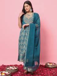 Saiyaara Teal Cotton Silk Embellished Flared Suit Set