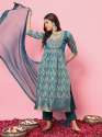 Saiyaara Teal Cotton Silk Embellished Flared Suit Set thumb 1